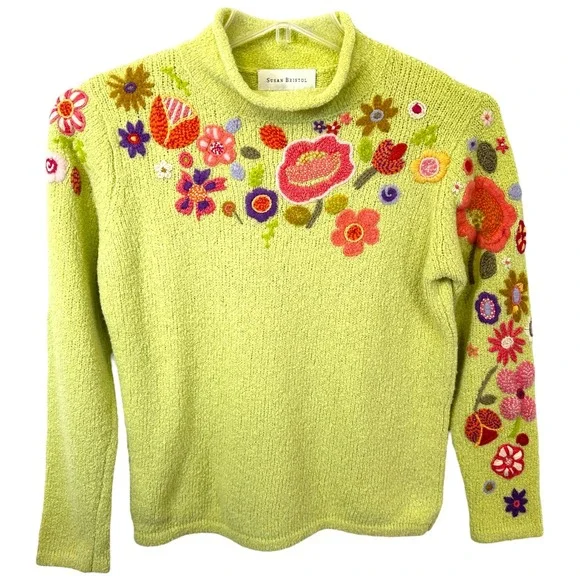 Susan Bristol Small Sweater Green Floral Long Sleeve Pullover Y2K Cottagecore196 - Picture 2 of 10